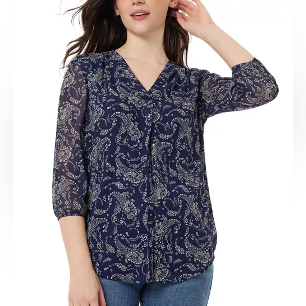 Jones New York Women's 3/4 Sleeve Paisley Printed V-Neck Kelly Blouse Navy XL